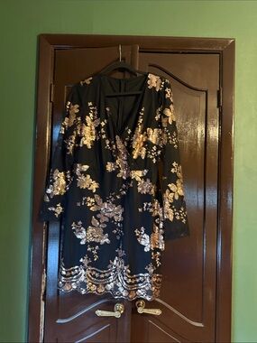 Black Cocktail Dress with Gold Sequin Floral Embroidery